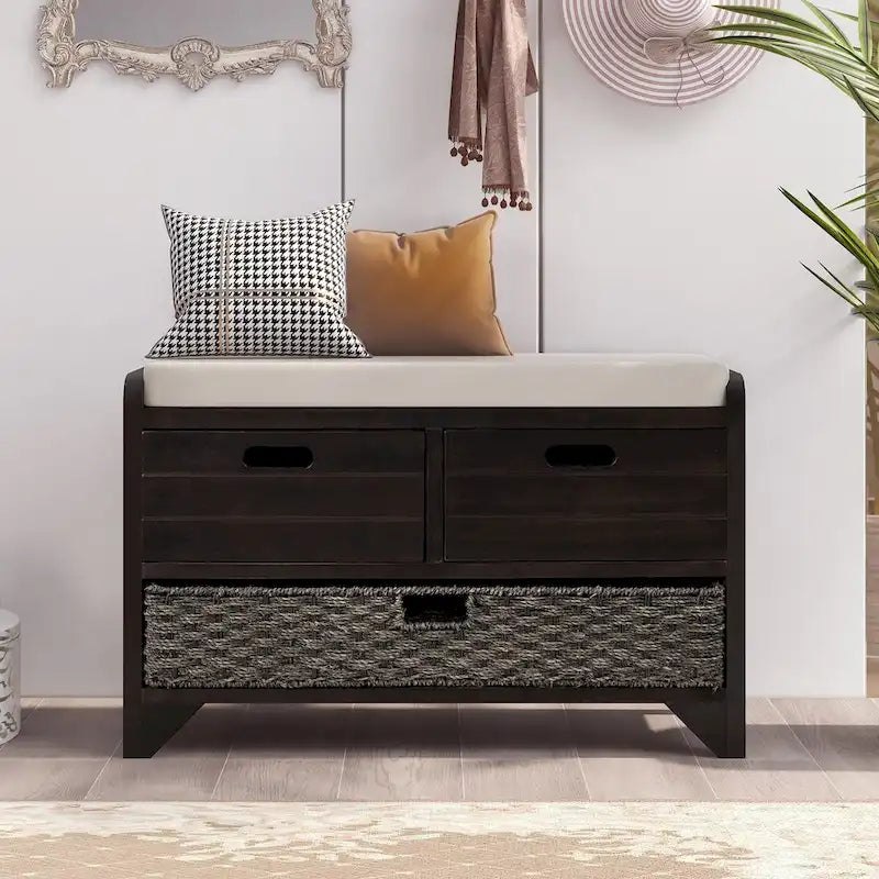 Banc de rangement rustique deux tiroirs Panier en osier amovible Siège rembourré Bois d'acacia