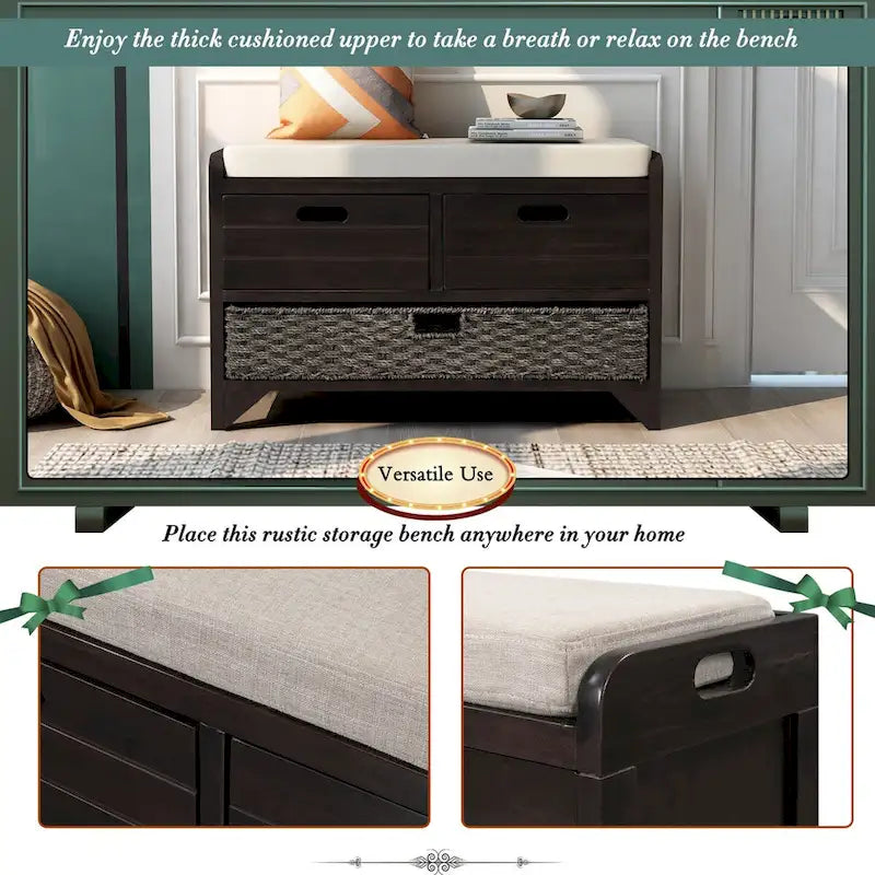 Banc de rangement rustique deux tiroirs Panier en osier amovible Siège rembourré Bois d'acacia