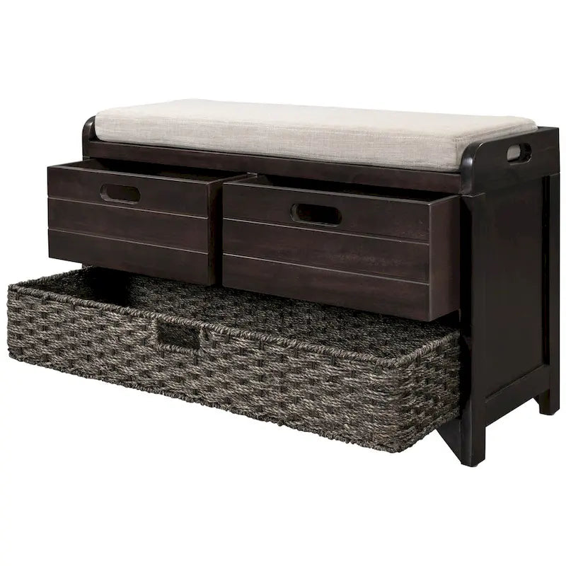 Banc de rangement rustique deux tiroirs Panier en osier amovible Siège rembourré Bois d'acacia