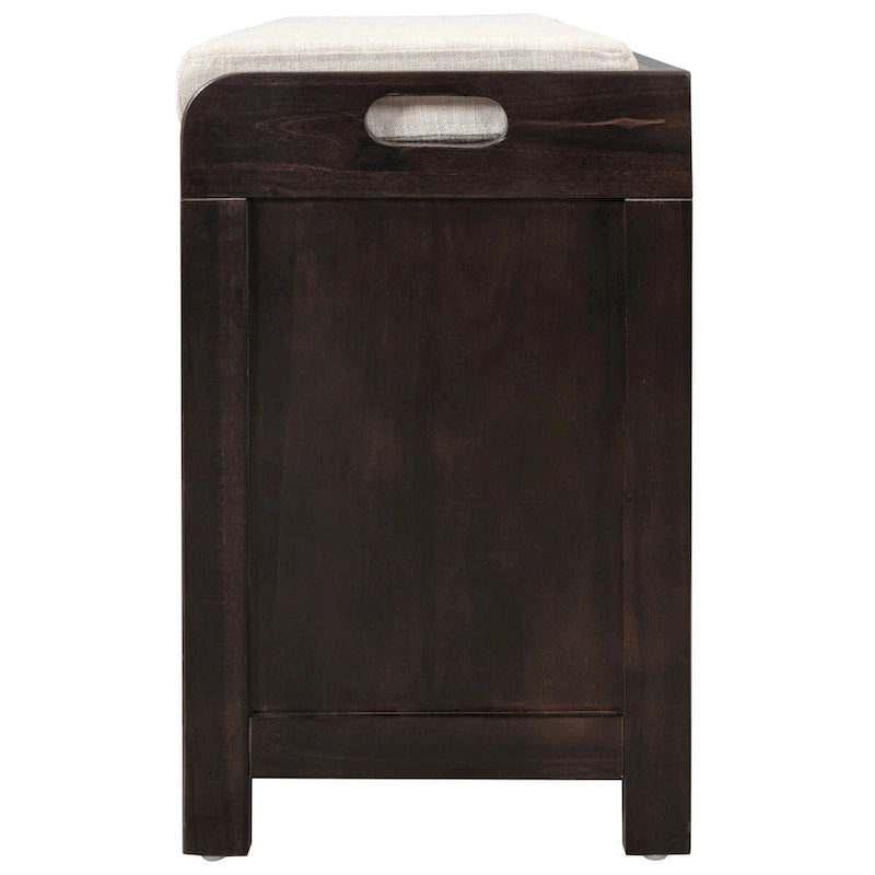 Banc de rangement rustique deux tiroirs Panier en osier amovible Siège rembourré Bois d'acacia