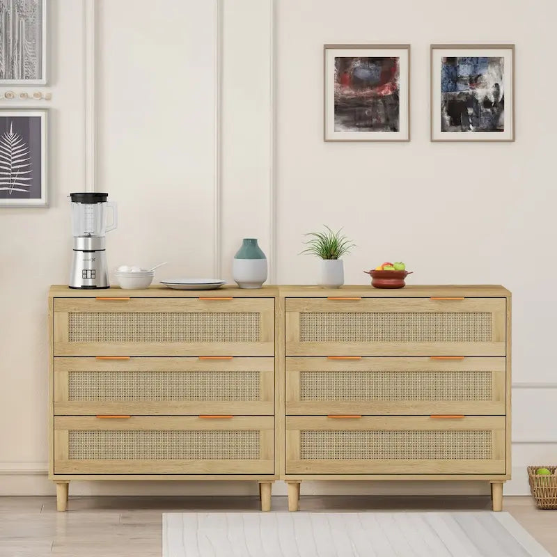 Commode à 6 tiroirs en rotin chêne MDF Poignées dorées Pieds fuselés Rangement chambre