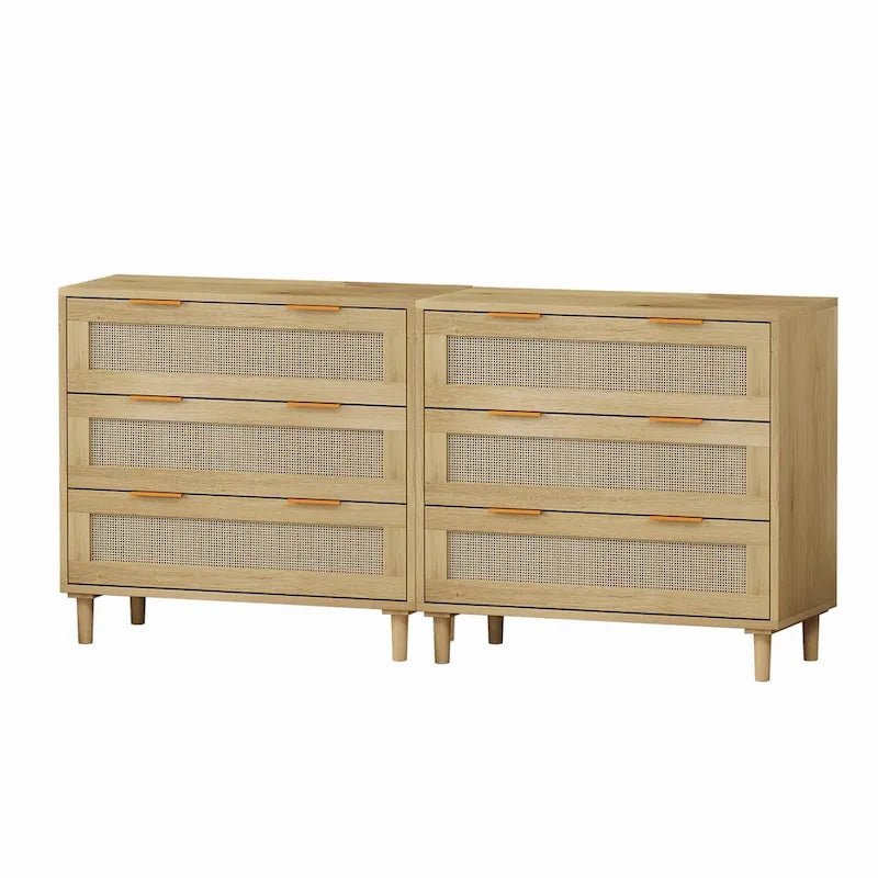 Commode à 6 tiroirs en rotin chêne MDF Poignées dorées Pieds fuselés Rangement chambre