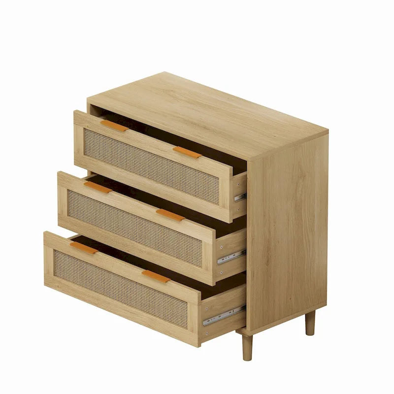 Commode à 6 tiroirs en rotin chêne MDF Poignées dorées Pieds fuselés Rangement chambre