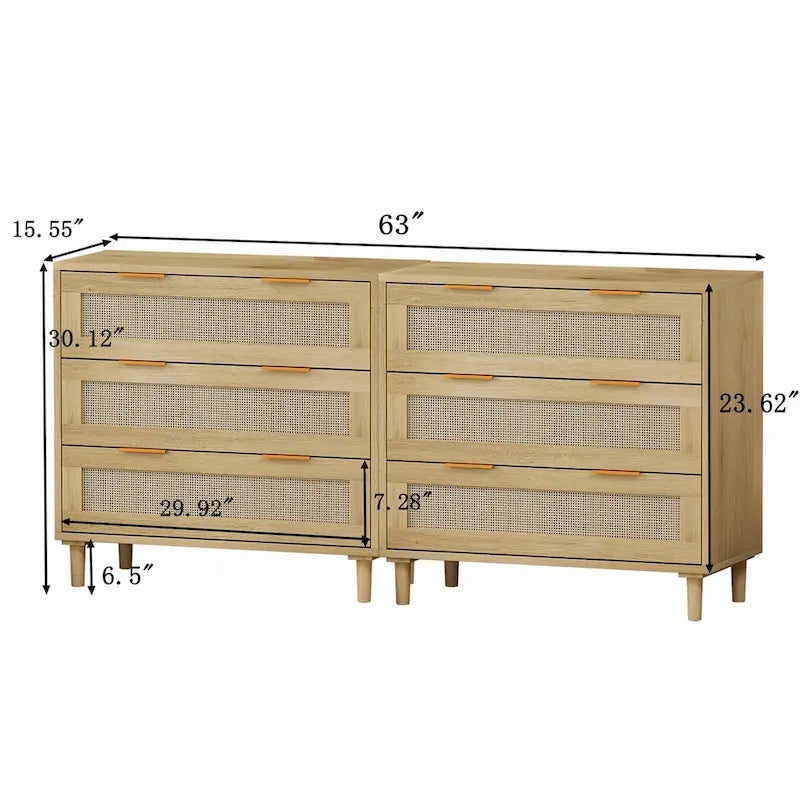 Commode à 6 tiroirs en rotin chêne MDF Poignées dorées Pieds fuselés Rangement chambre