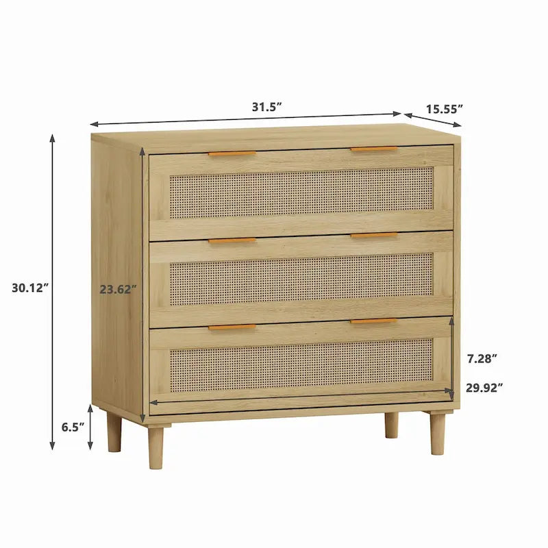 Commode à 6 tiroirs en rotin chêne MDF Poignées dorées Pieds fuselés Rangement chambre