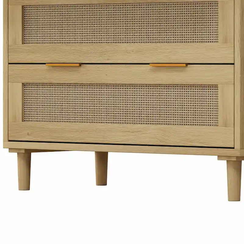 Commode à 6 tiroirs en rotin chêne MDF Poignées dorées Pieds fuselés Rangement chambre