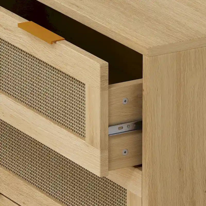 Commode à 6 tiroirs en rotin chêne MDF Poignées dorées Pieds fuselés Rangement chambre