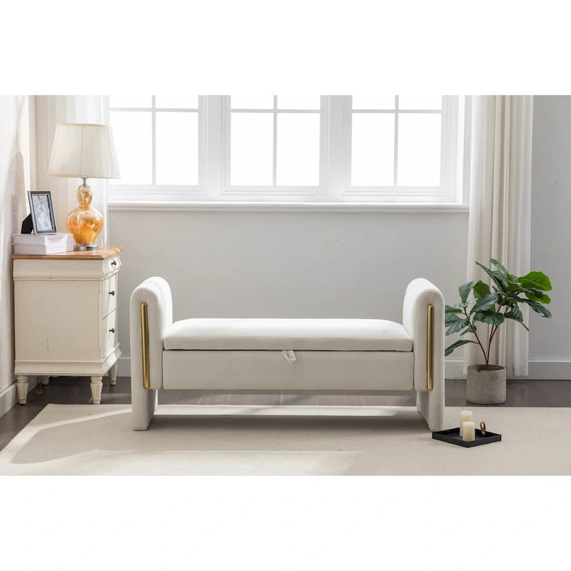Banc de rangement de chambre en velours ivoire à couvercle rabattable, piliers en métal doré, cadre en bois massif, capacité de 136 kg