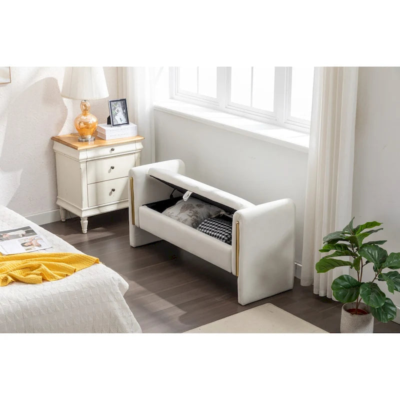 Banc de rangement de chambre en velours ivoire à couvercle rabattable, piliers en métal doré, cadre en bois massif, capacité de 136 kg