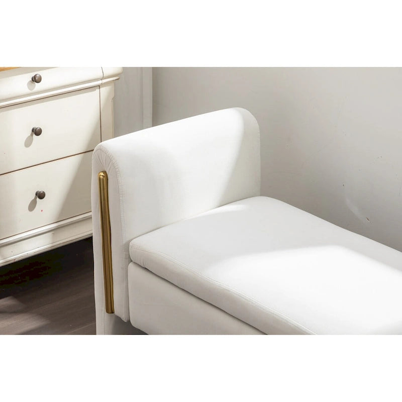 Banc de rangement de chambre en velours ivoire à couvercle rabattable, piliers en métal doré, cadre en bois massif, capacité de 136 kg
