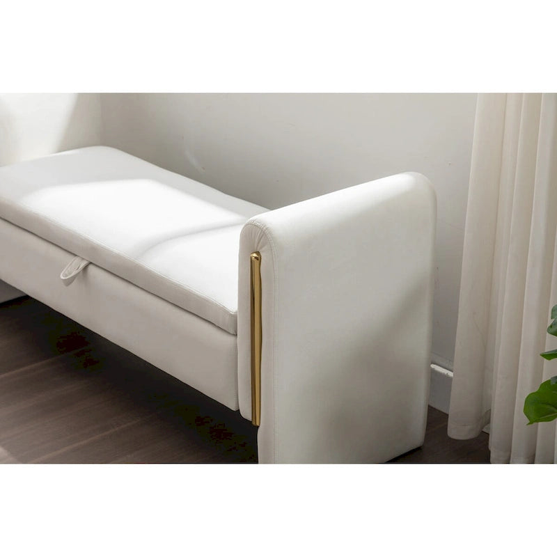 Banc de rangement de chambre en velours ivoire à couvercle rabattable, piliers en métal doré, cadre en bois massif, capacité de 136 kg