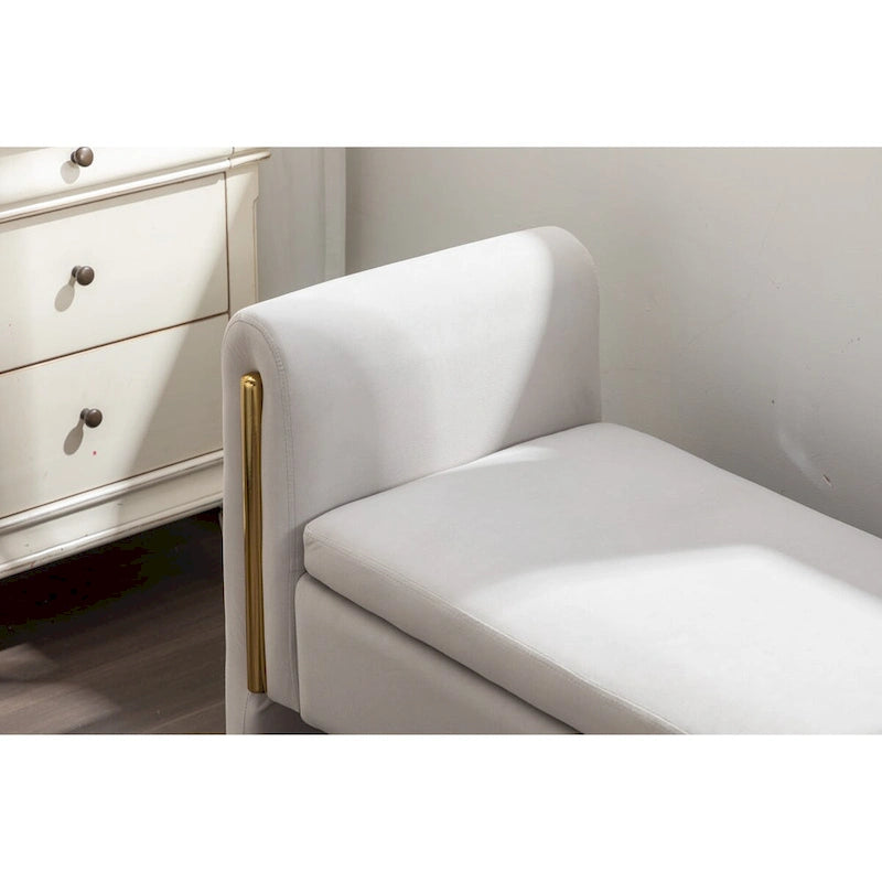 Banc de rangement de chambre en velours ivoire à couvercle rabattable, piliers en métal doré, cadre en bois massif, capacité de 136 kg