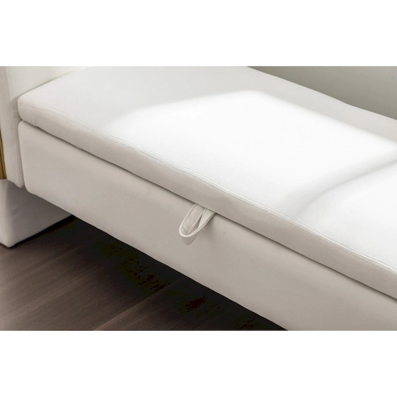 Banc de rangement de chambre en velours ivoire à couvercle rabattable, piliers en métal doré, cadre en bois massif, capacité de 136 kg