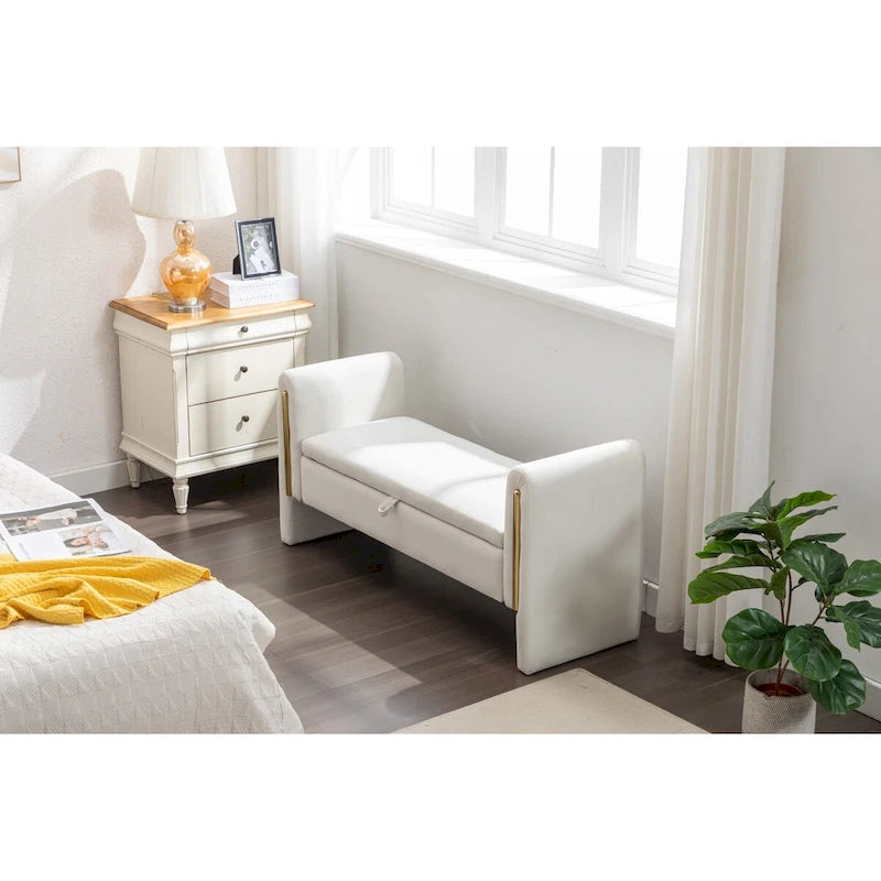 Banc de rangement de chambre en velours ivoire à couvercle rabattable, piliers en métal doré, cadre en bois massif, capacité de 136 kg