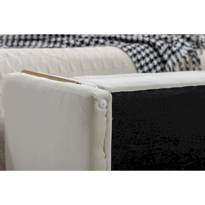 Banc de rangement de chambre en velours ivoire à couvercle rabattable, piliers en métal doré, cadre en bois massif, capacité de 136 kg