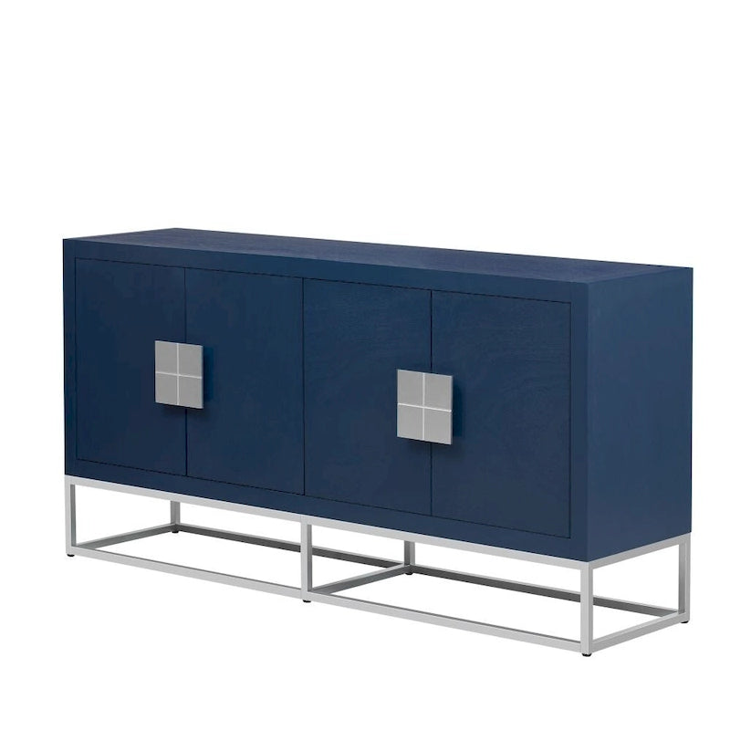 Buffet moderne blanc, quatre portes incurvées, étagères réglables, pieds ronds