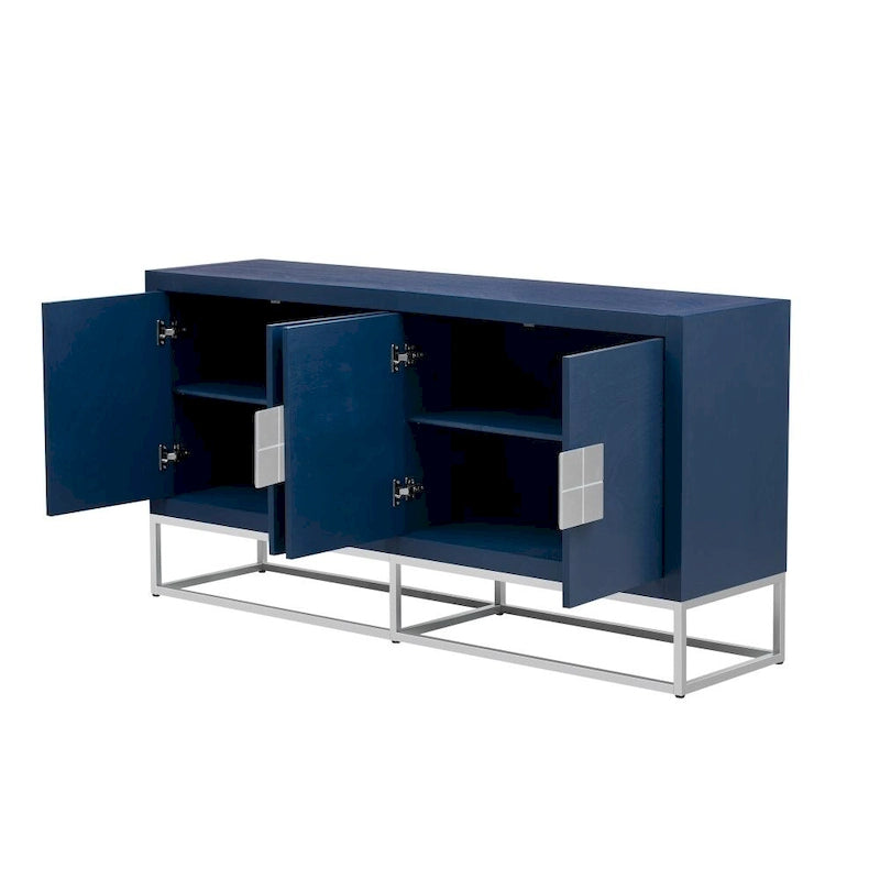 Buffet moderne blanc, quatre portes incurvées, étagères réglables, pieds ronds
