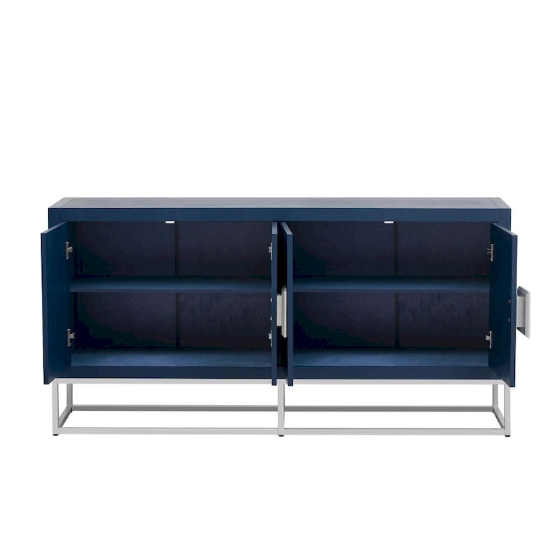 Buffet moderne blanc, quatre portes incurvées, étagères réglables, pieds ronds