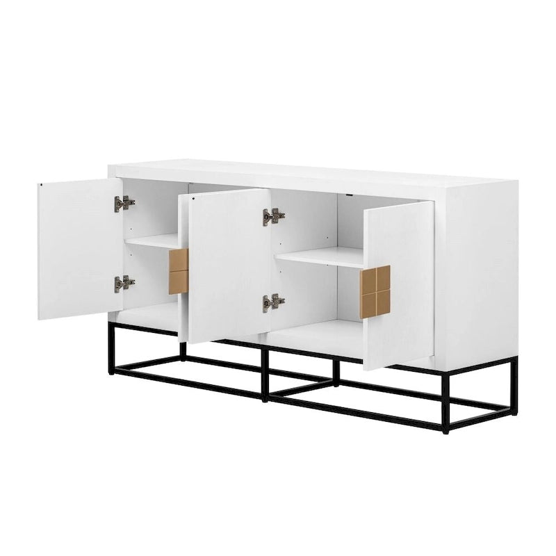 Buffet moderne blanc, quatre portes incurvées, étagères réglables, pieds ronds