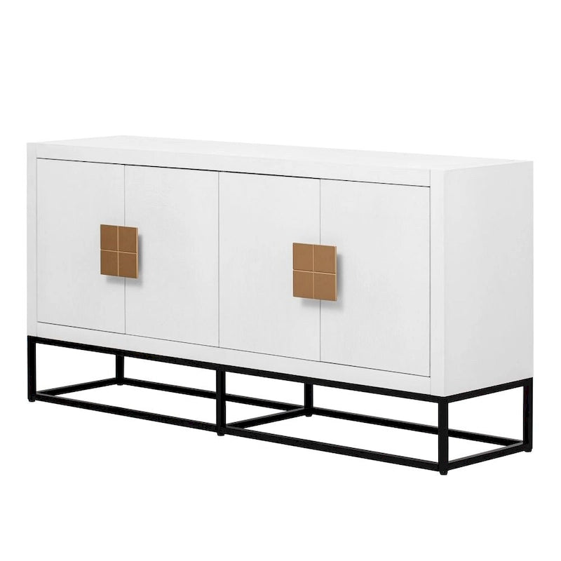 Buffet moderne blanc, quatre portes incurvées, étagères réglables, pieds ronds
