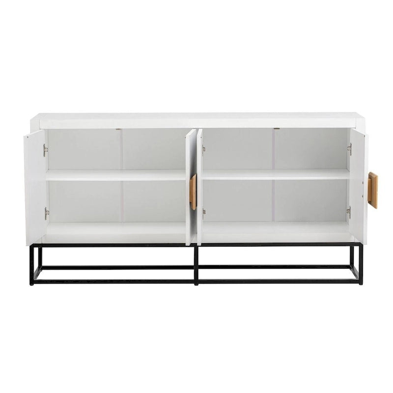 Buffet moderne blanc, quatre portes incurvées, étagères réglables, pieds ronds