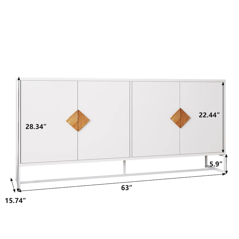 Buffet blanc à quatre portes, poignées en bois en forme de losange, base en fer, MDF E1, finition UV, deux étagères intérieures par porte