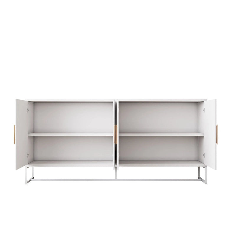 Buffet blanc à quatre portes, poignées en bois en forme de losange, base en fer, MDF E1, finition UV, deux étagères intérieures par porte