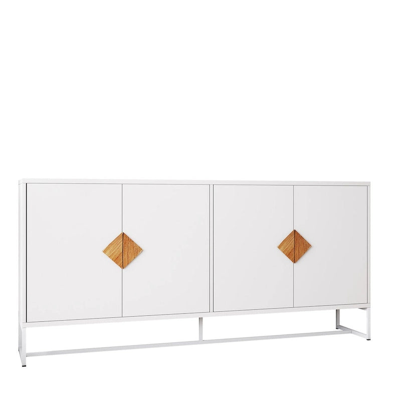 Buffet blanc à quatre portes, poignées en bois en forme de losange, base en fer, MDF E1, finition UV, deux étagères intérieures par porte