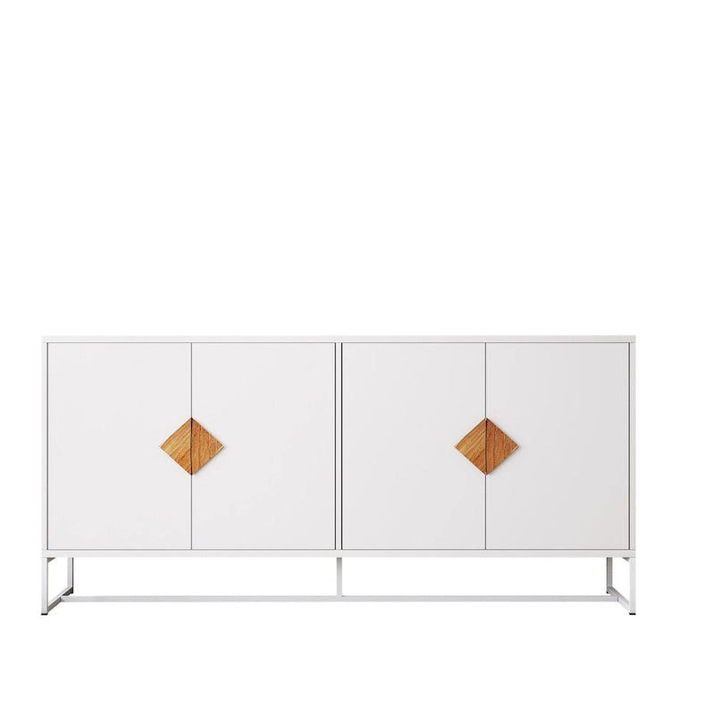 Buffet blanc à quatre portes, poignées en bois en forme de losange, base en fer, MDF E1, finition UV, deux étagères intérieures par porte