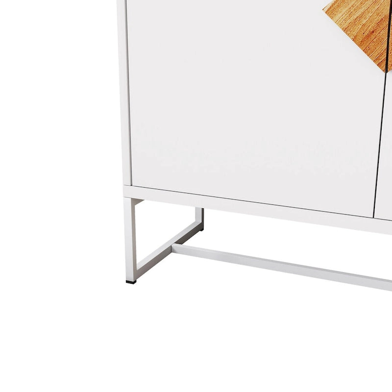 Buffet blanc à quatre portes, poignées en bois en forme de losange, base en fer, MDF E1, finition UV, deux étagères intérieures par porte