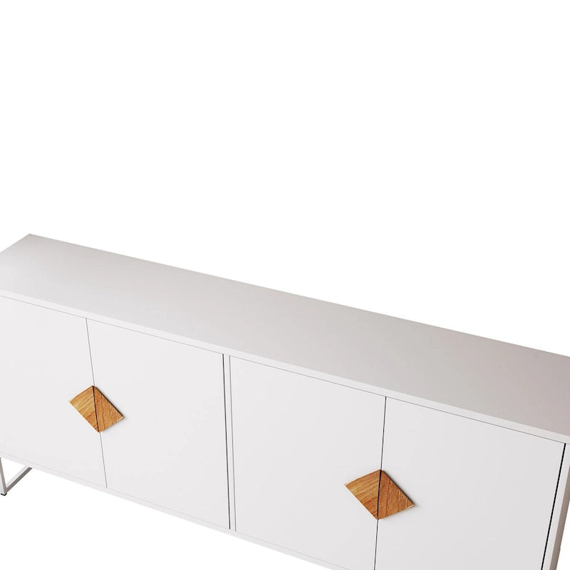 Buffet blanc à quatre portes, poignées en bois en forme de losange, base en fer, MDF E1, finition UV, deux étagères intérieures par porte
