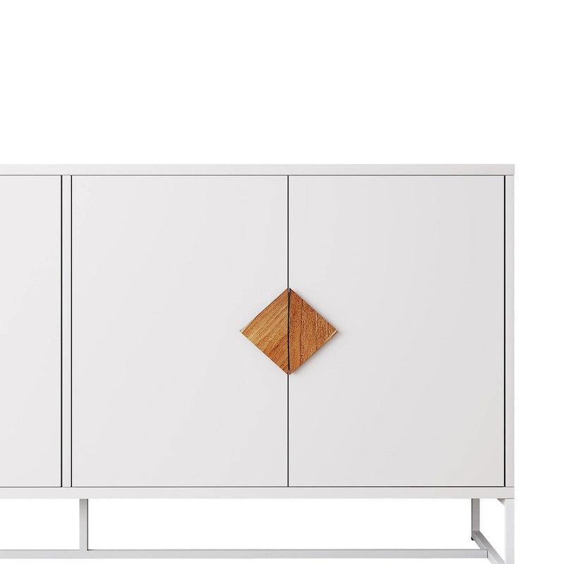 Buffet blanc à quatre portes, poignées en bois en forme de losange, base en fer, MDF E1, finition UV, deux étagères intérieures par porte