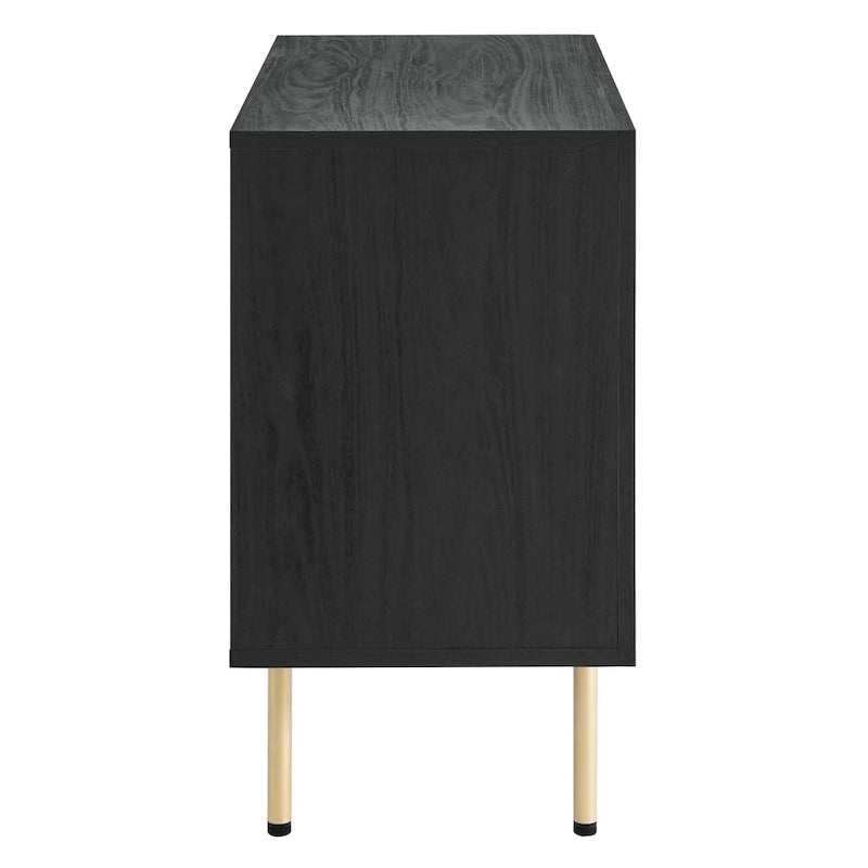 Meuble d'appoint noir à deux portes en rotin tressé, pieds en métal doré, pieds réglables, rangement à étagère dissimulée
