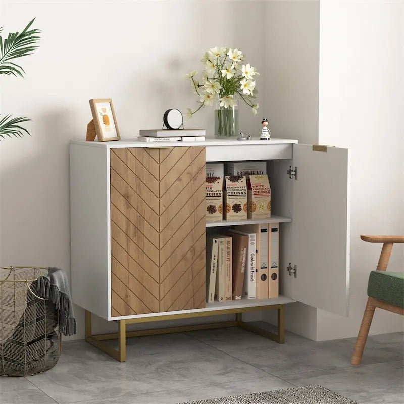 Buffet commode moderne blanc motif chevrons poignées dorées piétement en métal