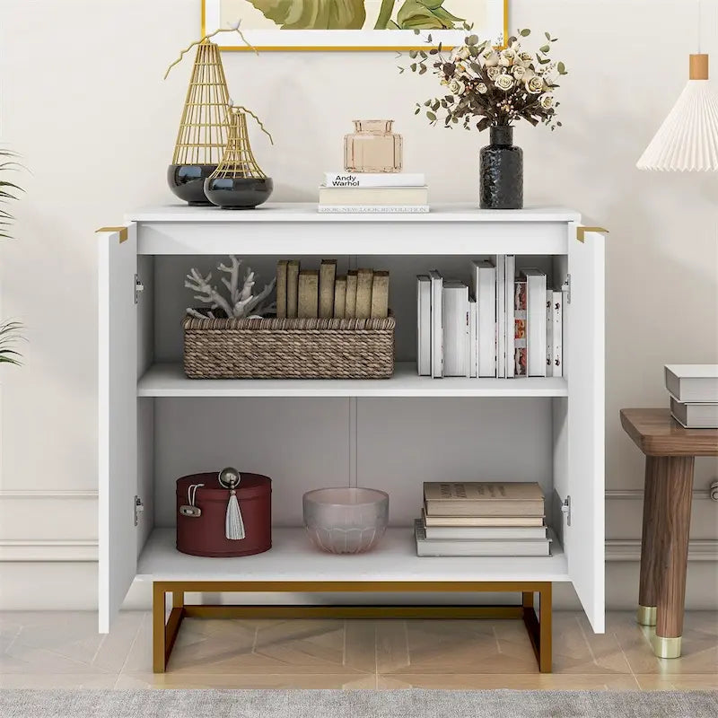 Buffet commode moderne blanc motif chevrons poignées dorées piétement en métal