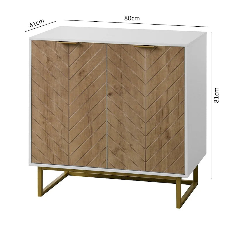 Buffet commode moderne blanc motif chevrons poignées dorées piétement en métal