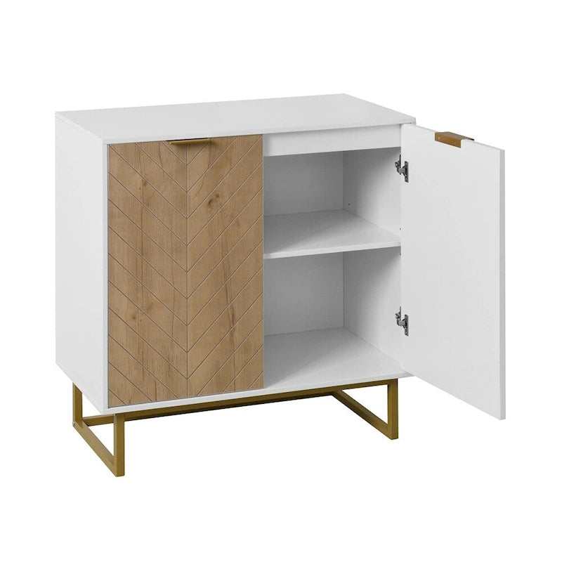 Buffet commode moderne blanc motif chevrons poignées dorées piétement en métal