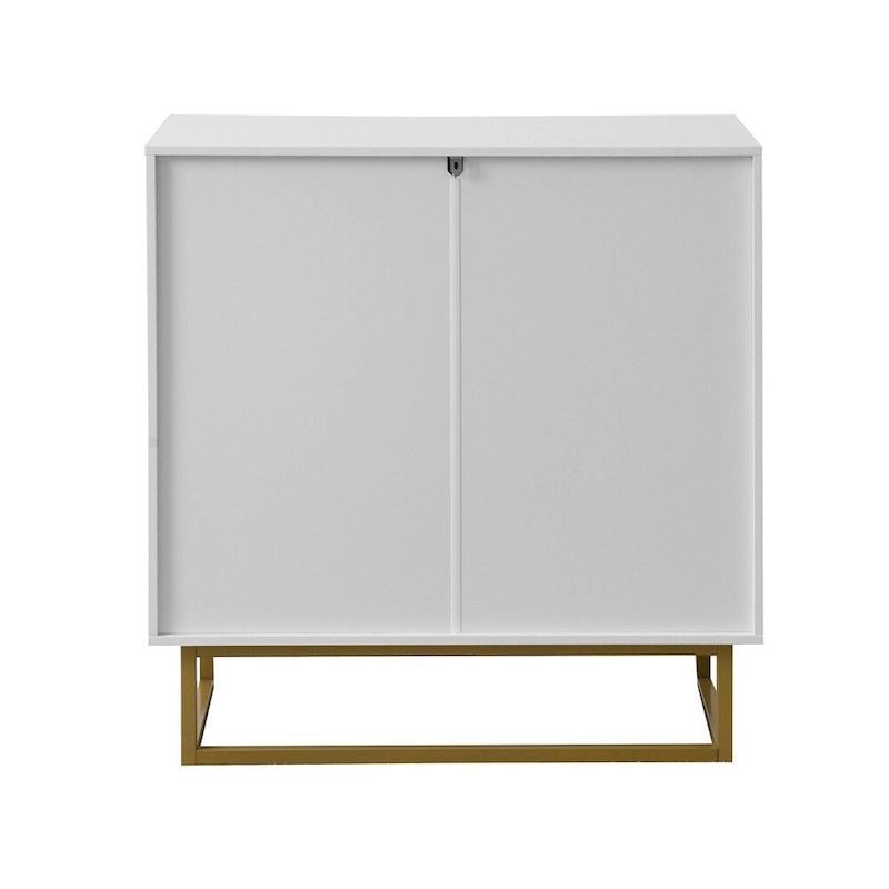 Buffet commode moderne blanc motif chevrons poignées dorées piétement en métal