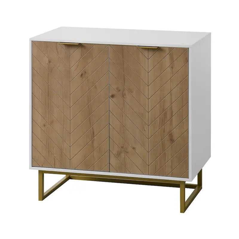 Buffet commode moderne blanc motif chevrons poignées dorées piétement en métal