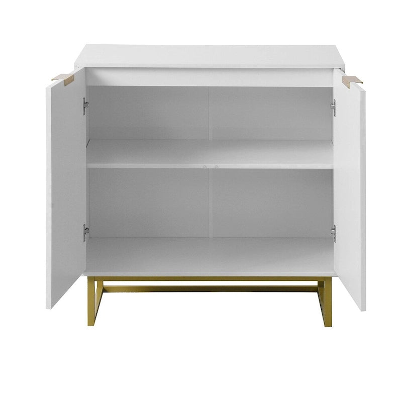 Buffet commode moderne blanc motif chevrons poignées dorées piétement en métal