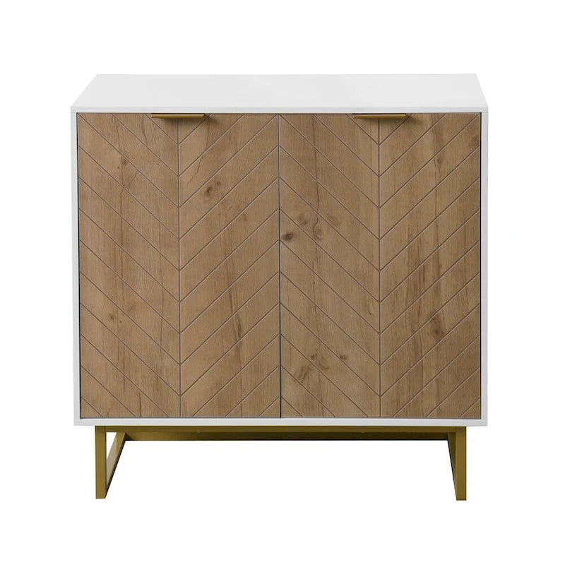 Buffet commode moderne blanc motif chevrons poignées dorées piétement en métal