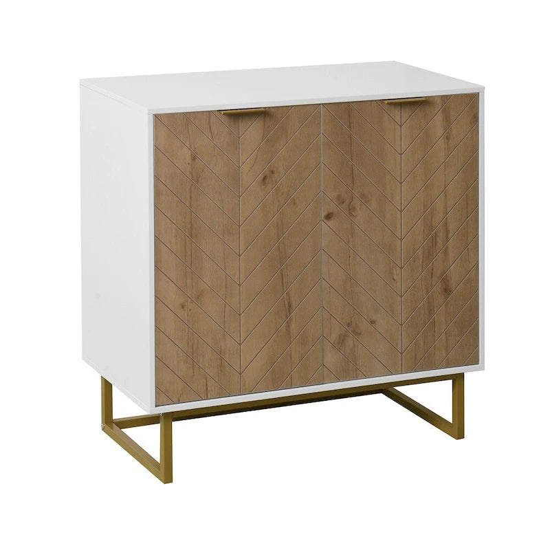 Buffet commode moderne blanc motif chevrons poignées dorées piétement en métal
