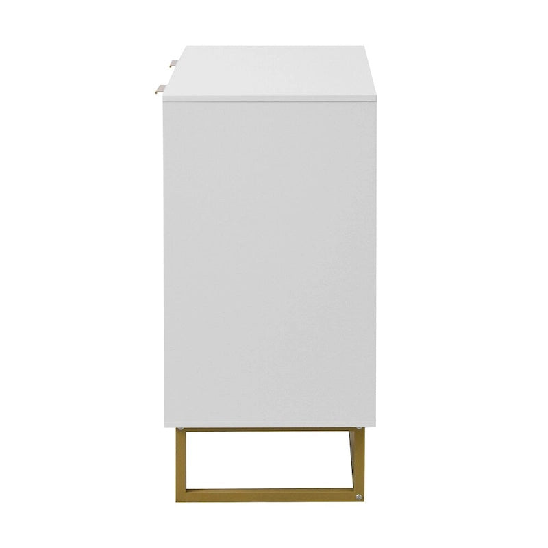 Buffet commode moderne blanc motif chevrons poignées dorées piétement en métal
