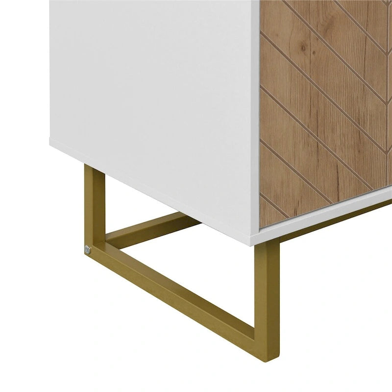 Buffet commode moderne blanc motif chevrons poignées dorées piétement en métal