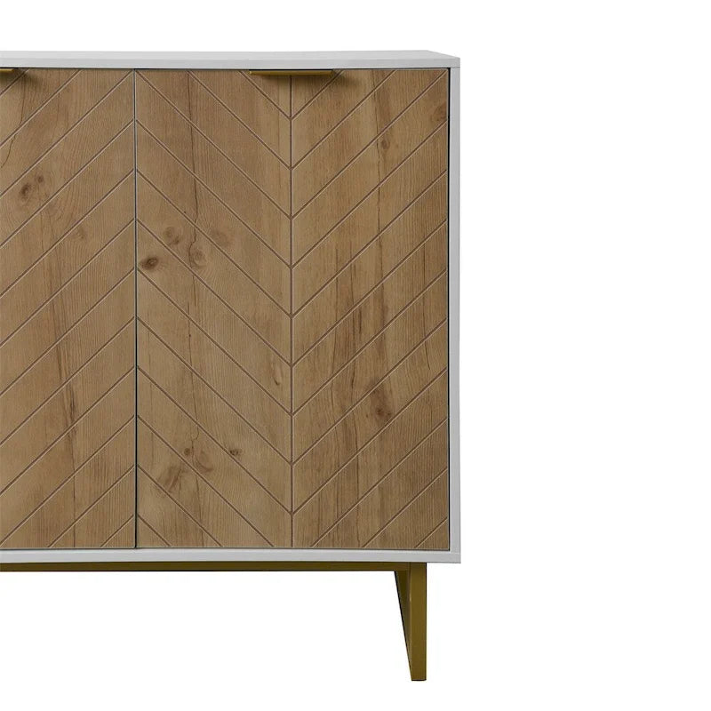 Buffet commode moderne blanc motif chevrons poignées dorées piétement en métal