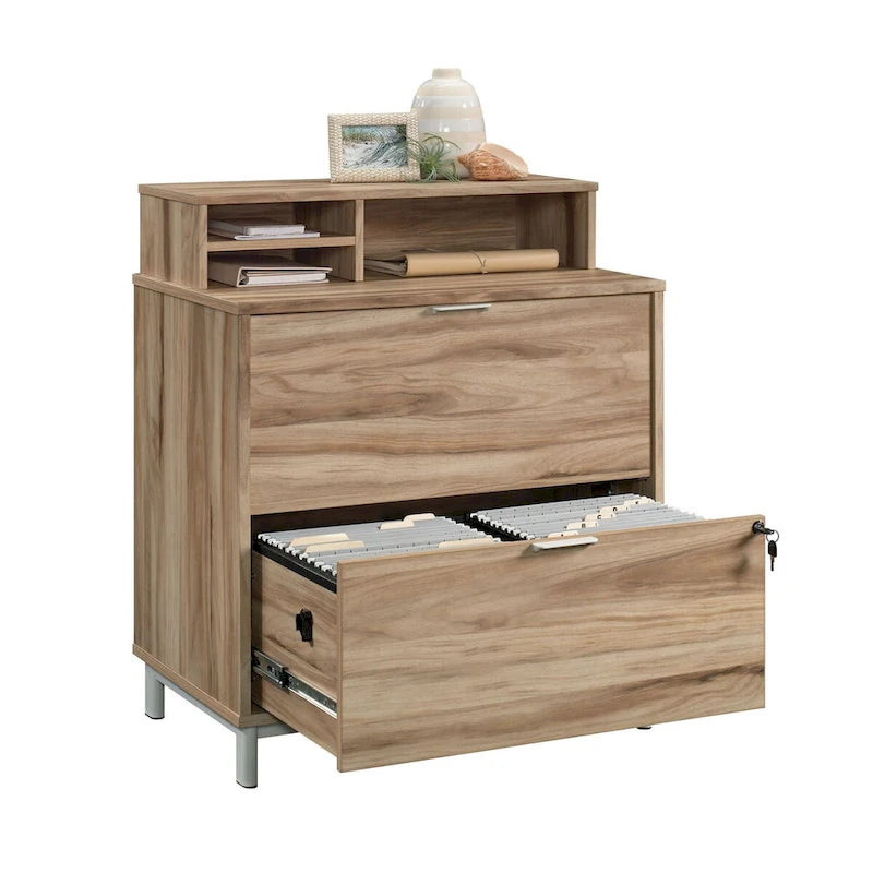 Classeur latéral à deux tiroirs Grand Walnut, format lettre/légal, extension complète, tiroir inférieur verrouillable, base en métal