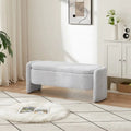 Banc de rangement ovale rembourré gris en polaire d'agneau, siège en mousse, cadre en eucalyptus