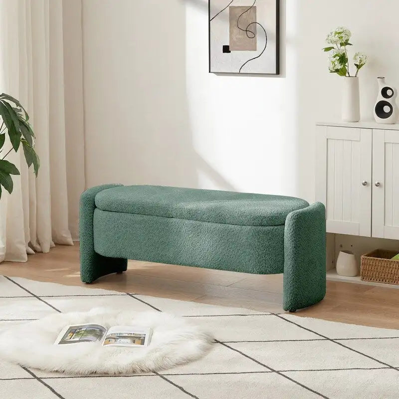 Banc de rangement ovale rembourré gris en polaire d'agneau, siège en mousse, cadre en eucalyptus
