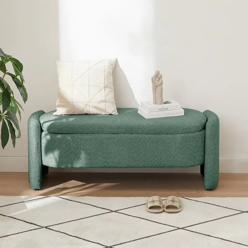 Banc de rangement ovale rembourré gris en polaire d'agneau, siège en mousse, cadre en eucalyptus