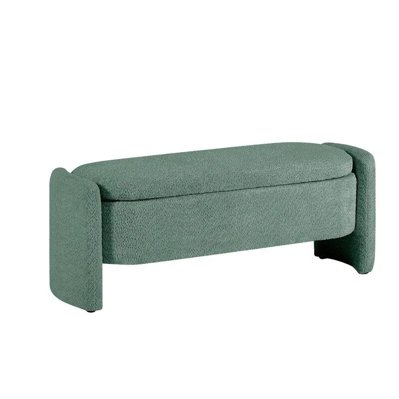 Banc de rangement ovale rembourré gris en polaire d'agneau, siège en mousse, cadre en eucalyptus